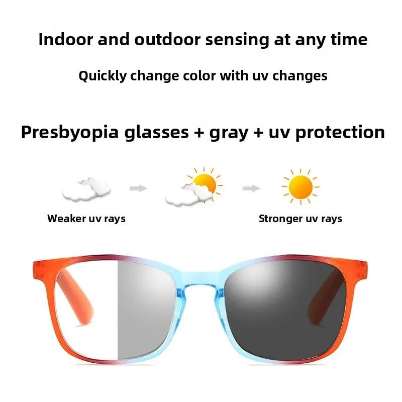 Fashionable Anti Blue Light Photochromic Reading Glasses HD Ultra Light Large Frame Color Changing for Men Women
