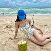 New pure blue and white strips split neck conservative boxers small breasts gather island vacation hot spring swimsuit women