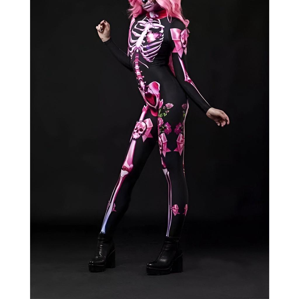Kids Womens Halloween Costume Skeleton Cosplay Bodysuit Skinny Catsuit Jumpsuit