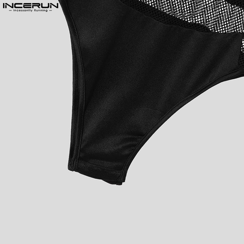INCERUN Men Sleeveless See Through Hollow Bodysuits Mesh Patchwork Skinny Jumpsuits