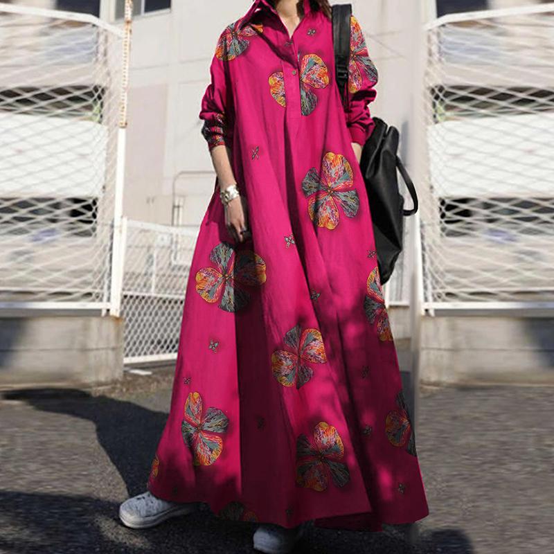 

ZANZEA женское модное длинное платье с принтом, весеннее повседневное мешковатое длинное платье с отложным воротником и длинными рукавами L ярко-розовый