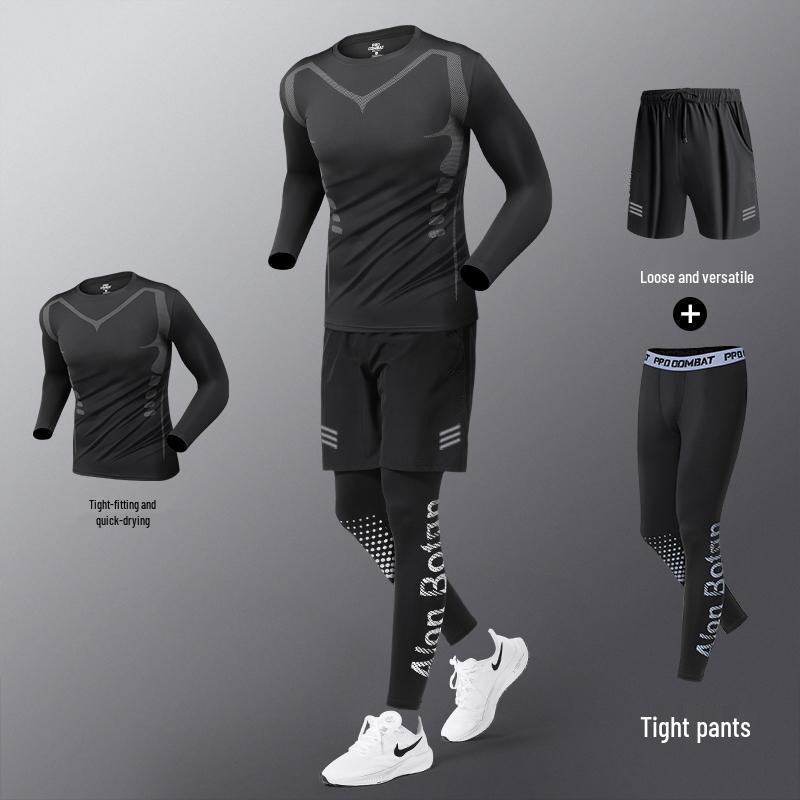 Men's Quick-Dry Sports Set: Gym Vest, Tight Long Sleeve, Morning Run & Cycling Suit