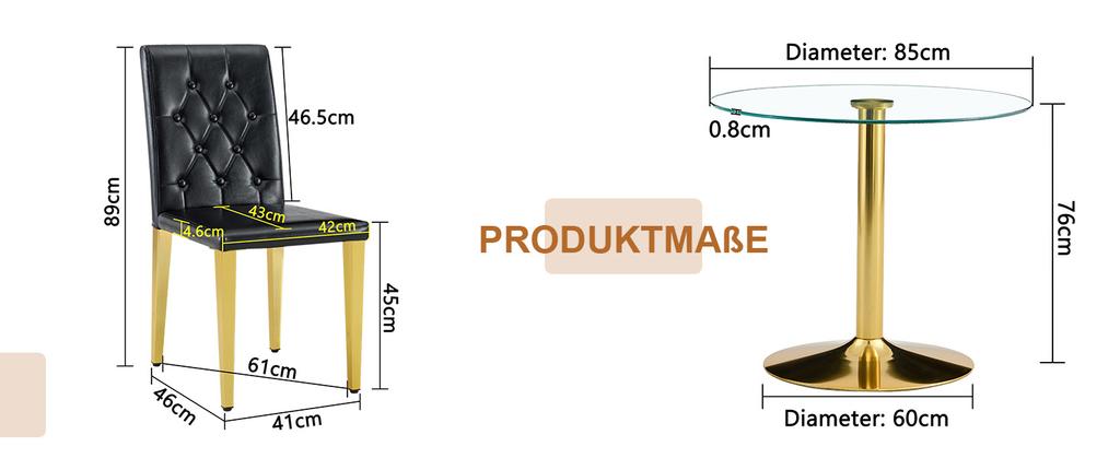 Table and Chair Collection: 85 Cm Diameter, Modern Minimalist Round Glass Table with Golden Metal Support, Matching 4 Black-Gold Modern Dining Chairs.