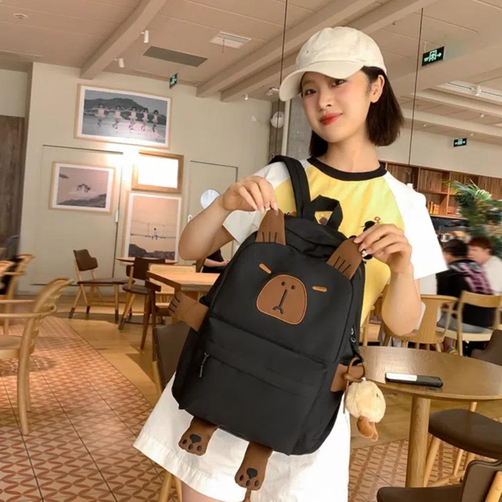 

Thickened Capybara Backpack Nylon Large Capacity School Bag Creative Cartoon Animal Daypack Kids Black No Pendant