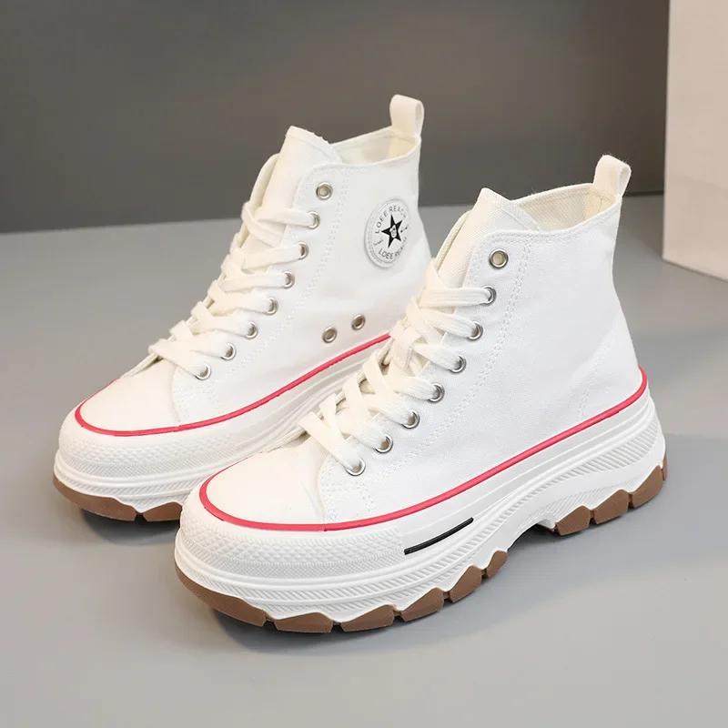 2024 Primăvară toamnă Femei Adidași înalți cu șireturi Casual Înălțime platformă Pânză Antiderapanți Rezistenți la uzură Pantofi vulcanizați