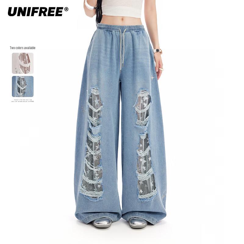 unifree Street Style Ripped Lace Wide-Leg Jeans