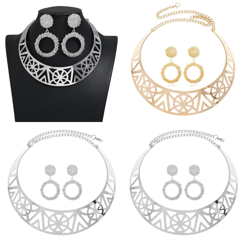 Fashion Solid Color Hollow Design Women Metal Necklace Collar Round Earring Set For Gift And Occasion