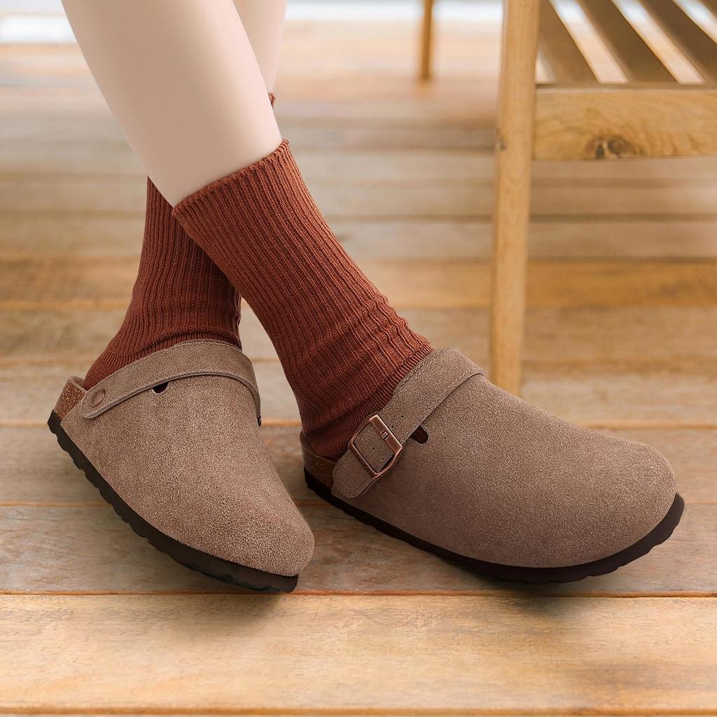 Fashion Crestar Women's Suede Clogs with Adjustable Strap Fashion Cork Footbed Genuine Leather Mules Outdoof New Slip on Potato Shoes