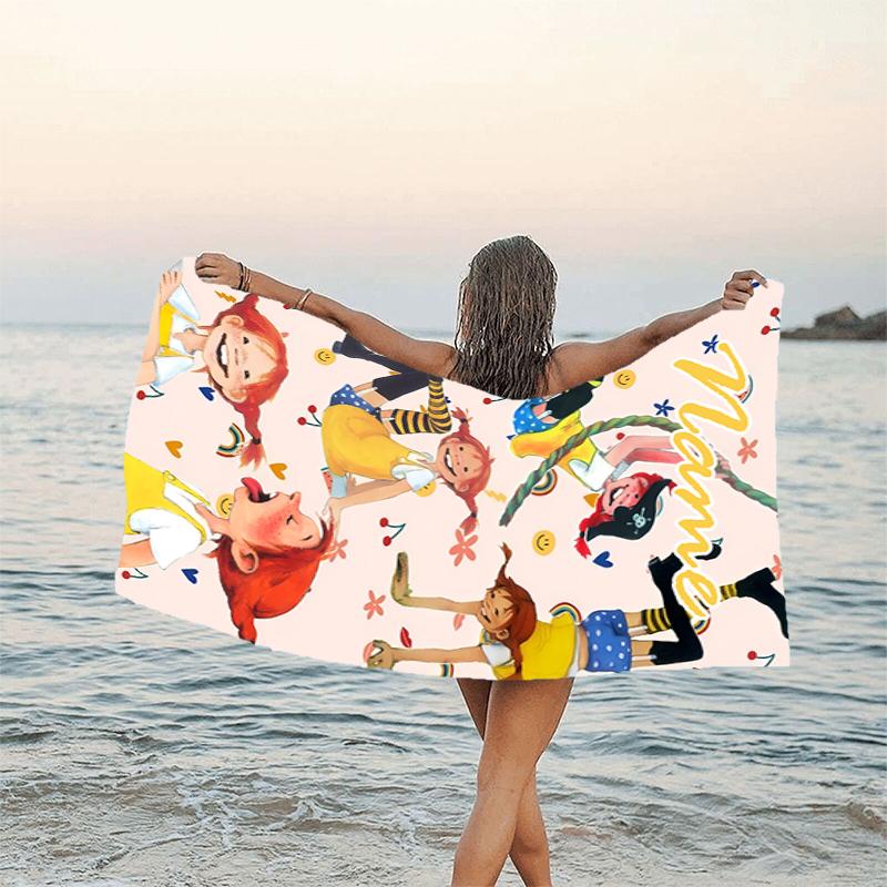 1pc Pippi Longstocking1 Beach Towel with Custom Name, Beach/Swimming/Bath/Picnic/Camping Towel, Suitable for Seaside Beaches
