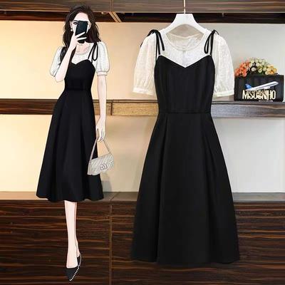 Large Size Fat Sister Hepburn Style Dress Women's Summer 2026 New Age-reducing Splicing Strap Fake Two-piece Skirt