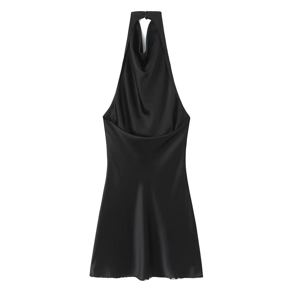 Women's Wholesale European and American Summer Sexy Halter Silk Satin Textured Neck Collar Mini Dress