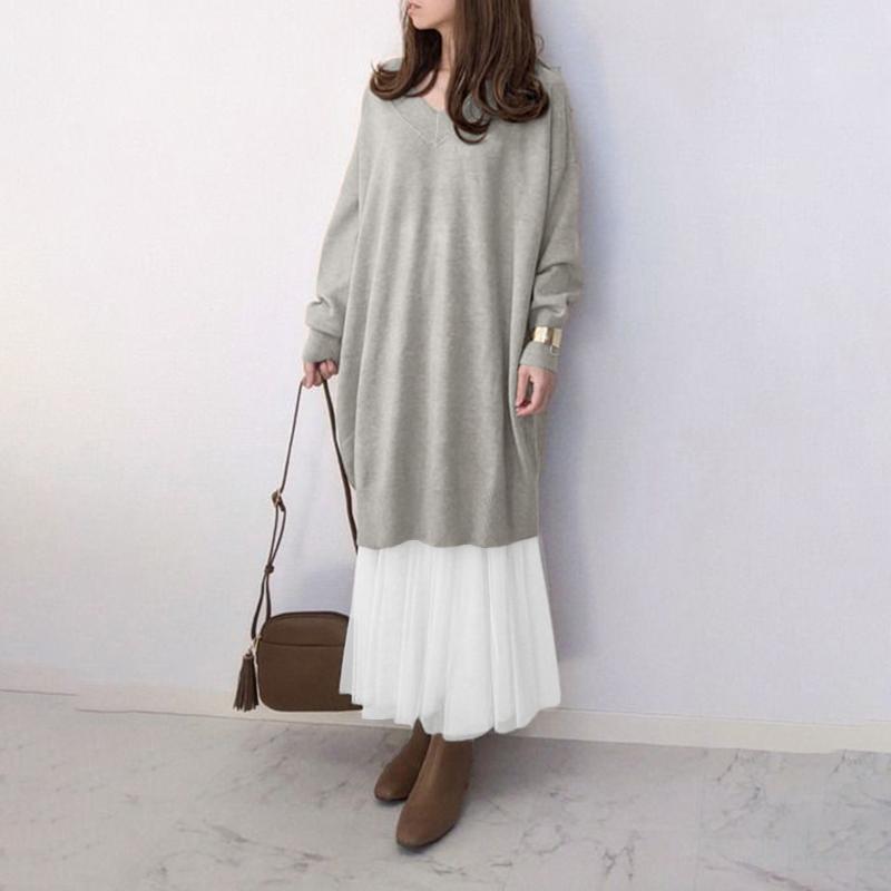 ZANZEA Women Casual Mesh Splice Loose V-neck Long Sleeve Dress