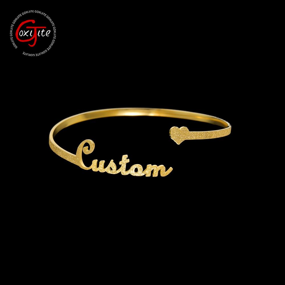 

Goxijite Trendy Custom Name Bangle Bracelet For Women Personalized Adjustable Open Heart Frosted Nameplate Bangles Jewelry