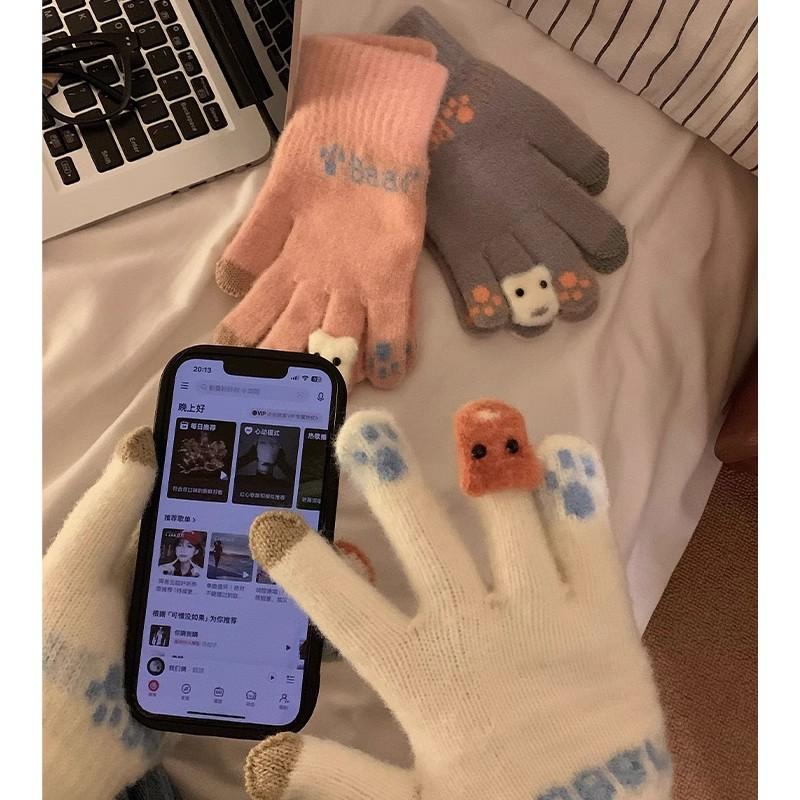 Winter Plush Knitted Five-finger Gloves Women's Autumn and Winter Warm Thickened Student Cycling Can Be Windproof and Cold Korean Version