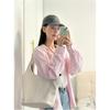 Womens Cute Color-Block Plaid Long Sleeve Shirt With Polo Collar Casual College Style Top