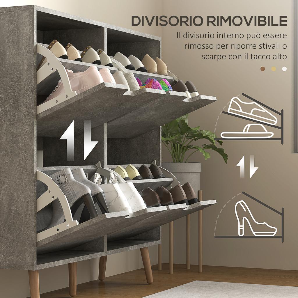 Shoe Cabinet with 4 Flip-Down Drawers on 2 Levels for 16 Pairs, Wooden, 95x26x95 cm, Grey