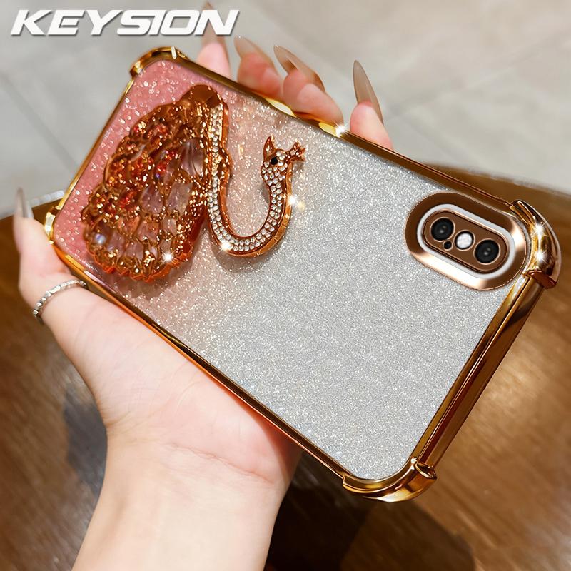 KEYSION Shockproof Plating Phone Case for iPhone XS Max Clear TPU Glitter Jewelled Swan Kickstand Back Cover for iPhone X XR
