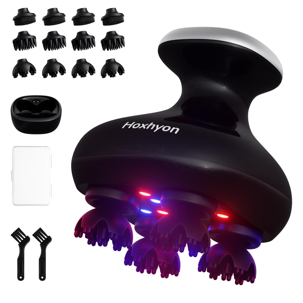 

2025 Новый электрический массажер для головы Hoxhyon для кожи головы с красным и синим двойным 3D-массажем кожи головы, лица и всего тела, для расслабления дома, IPX7, низкий уровень шума, хранение