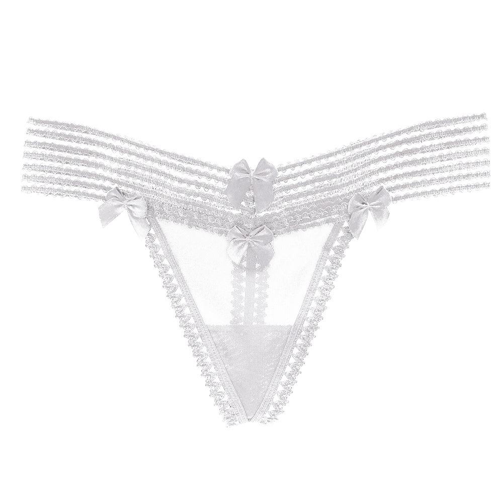 Japanese Pure Desire Tulle Splicing Panties Girl Hollow Stripes Sweet Bow Perspective Mesh Sexy Thong