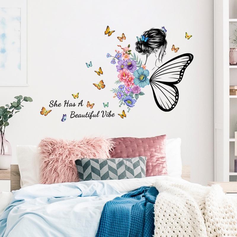 Wall Sticker Butterfly English Slogan Girl Flower Wall Sticker Paper Living Room Decoration Self Adhesive