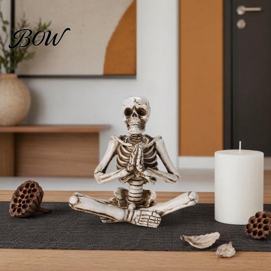 Dark Theme Halloween Decor Yoga Skeleton Statue, Funny Dead Figure for Party Decor, Creative Pose Skull Design Resin Gothic Ornament Haunted