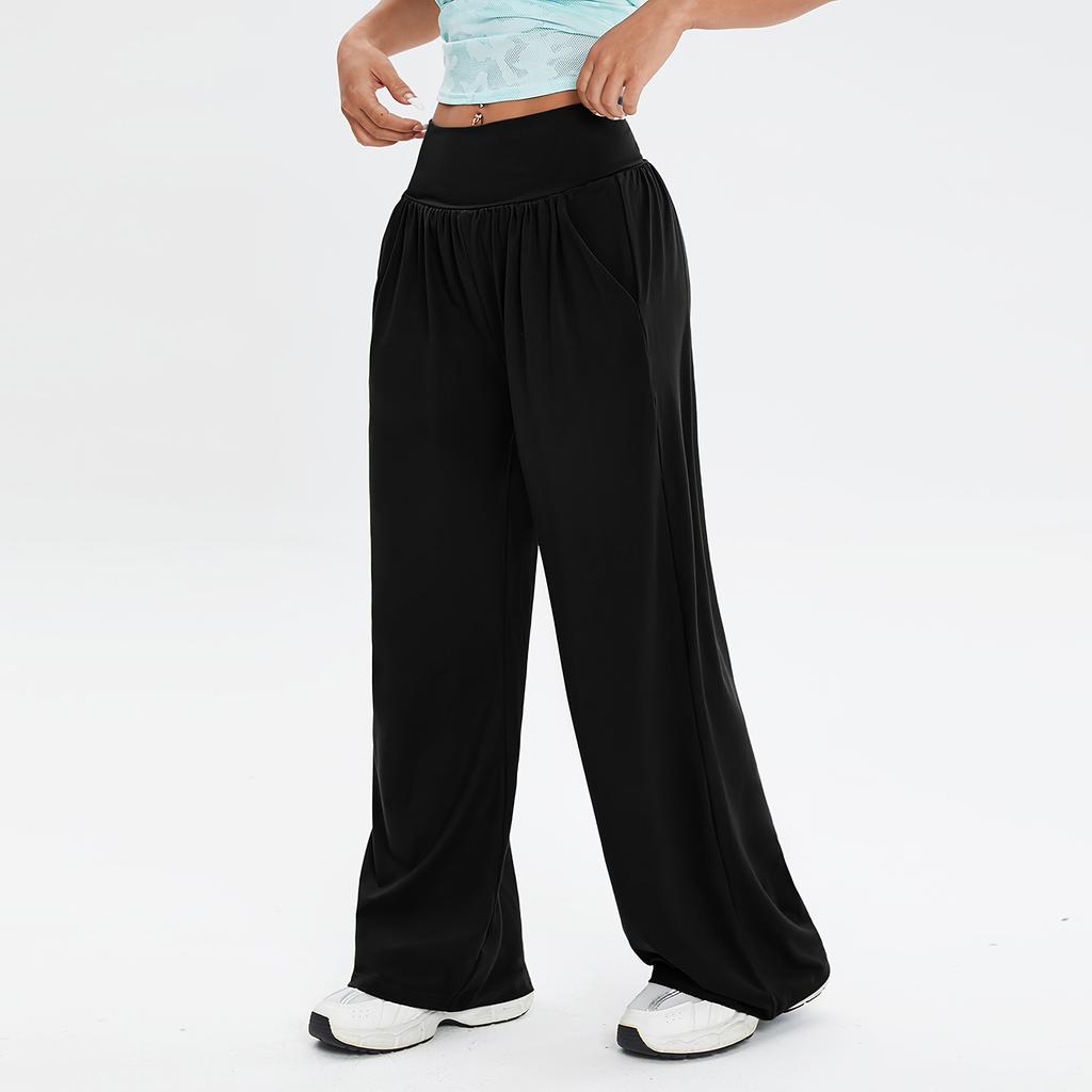 Women's Fashionable Solid Color Straight Leg Pants With High Waist Button Pockets And Elastic Waist Casual Pants