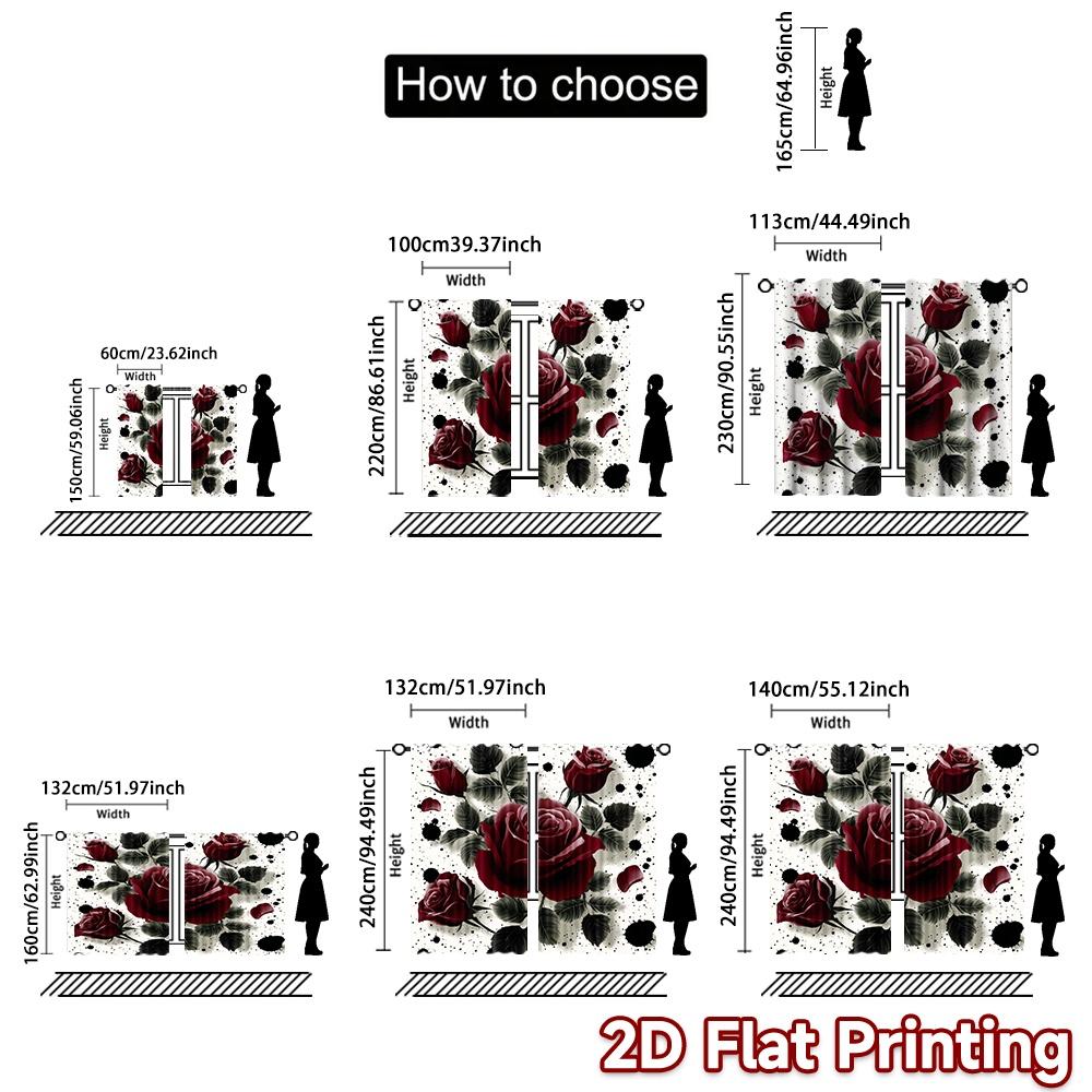 2D flat printing 2pcs Curtain Curtain Valentine's Red Roses(1) Digital Printed Polyester Drapes Family Party Decoration Perfect