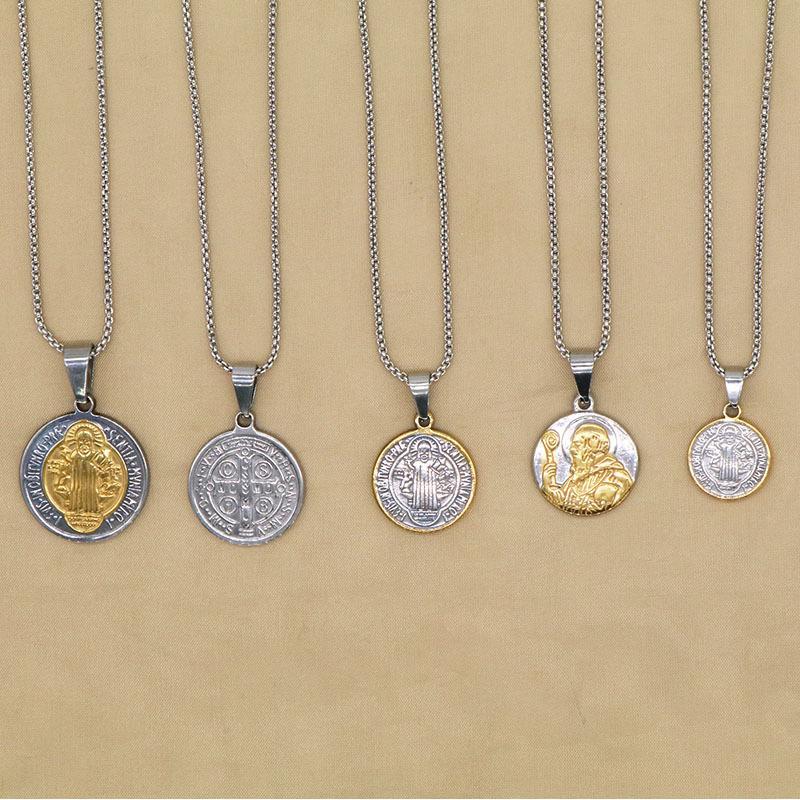 Stainless Steel Religious Exorcism Saint Benedict Necklace Round Pendant No Fade for Family Gathering Faith Souvenir Gifts