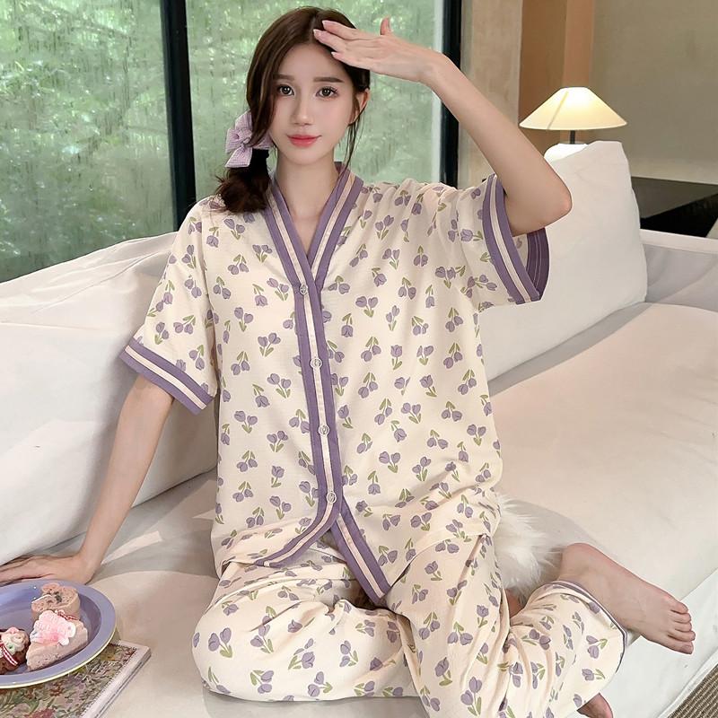Summer short-sleeved bubble cotton yarn pleated pajamas female Internet celebrities popular trousers loungewear set