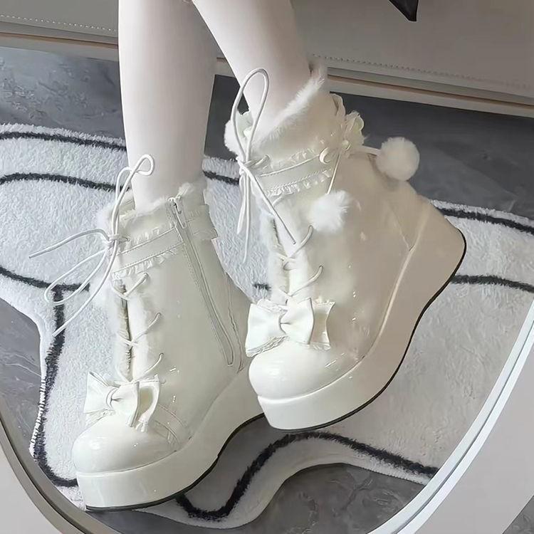 Sweet Winter Girls Lolita Mid-Calf Snow Boots Cute Female Students Plush Warm Bowknots Lace Up Wedge Heel Heightening Shoes