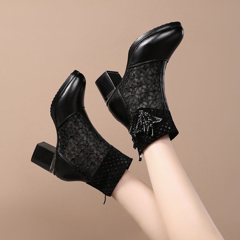 Rhinestones Mesh Hollow Breathable With Medium Heels Women's Sandals Sales 2025 Luxury Summer Offers Comfortable Ladies Shoes