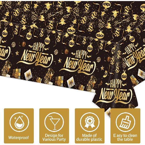 3Pcs Happy New Year Tablecloths,Black and Gold Table Covers Disposable Plastic Waterproof Tables Cover for 2026 New Year Table Supplies