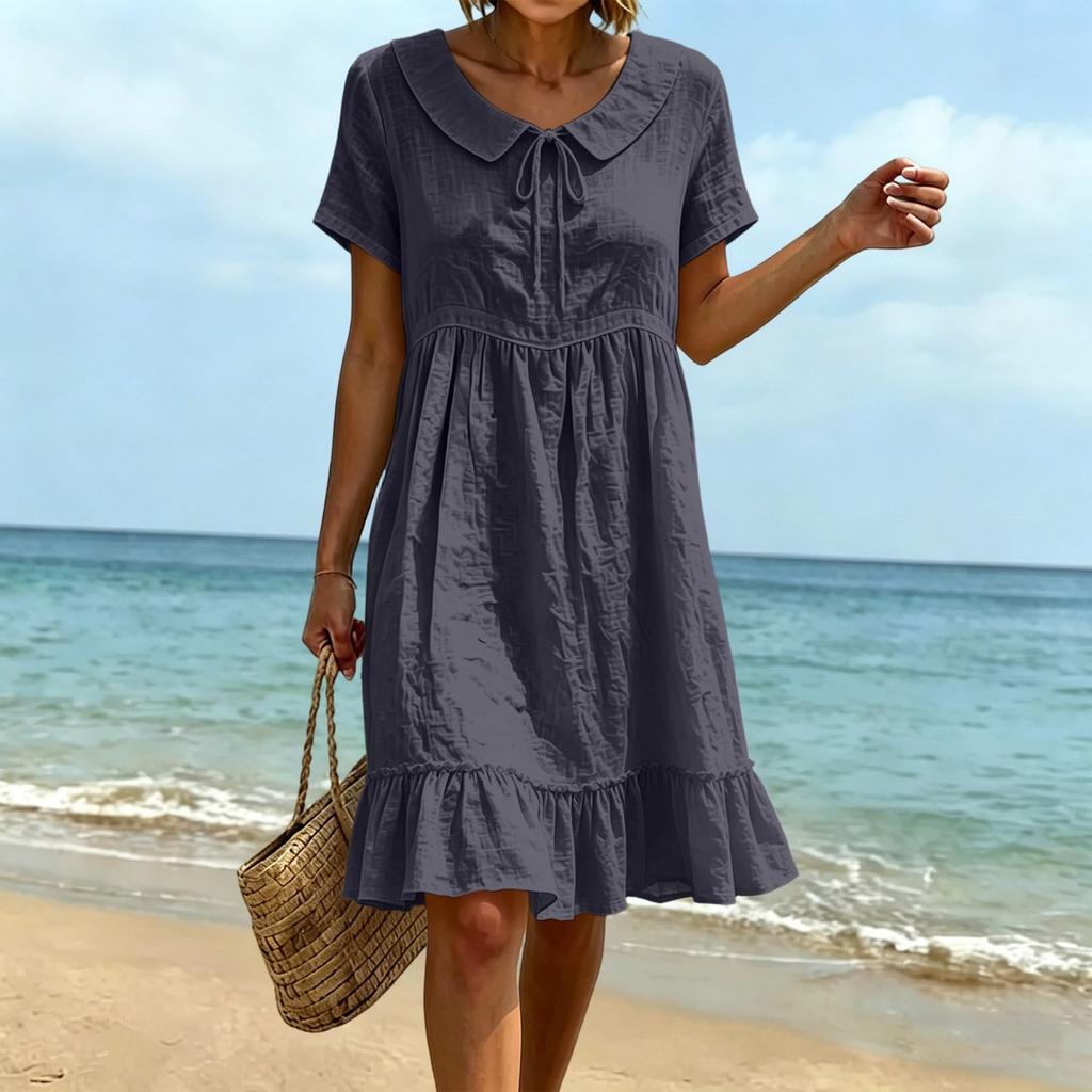 Women Summer Casual Dress Loose Fit Short Sleeve Round Neck Knee Length Ruffle Hem Lightweight Breathable Fabric