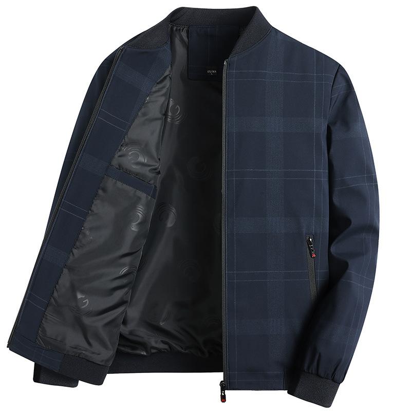 New Stand-up Collar Checkered Striped Long-sleeved Jacket Middle-aged Men's Spring and Autumn Versatile Simple Fashion Cardigan Top