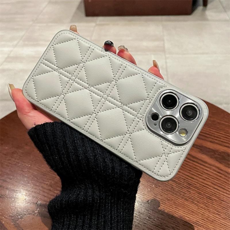 Plated Leather PU Plaid Grid Pattern Phone Case for iPhone 16 Plus and Pro Max