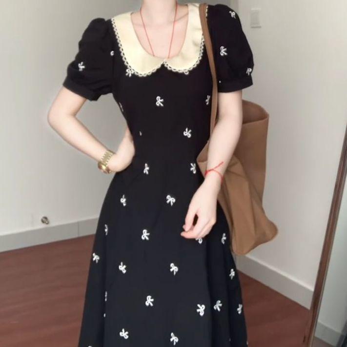 

French Doll Collar Summer Dress with Bowknot - Slim Waist, Korean Style Mid-Length Skirt for Women S (recommended for 45-50 kg)