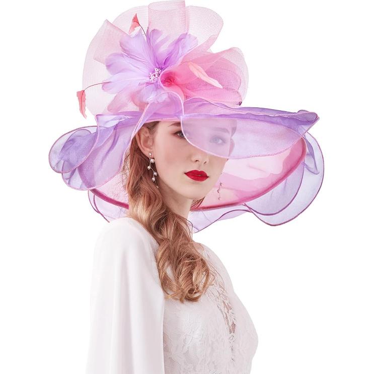 Z&X Women Organza Church Derby Hat Wide Brim Sun Hats for Wedding Tea Party Fascinator Hat, Dual-use