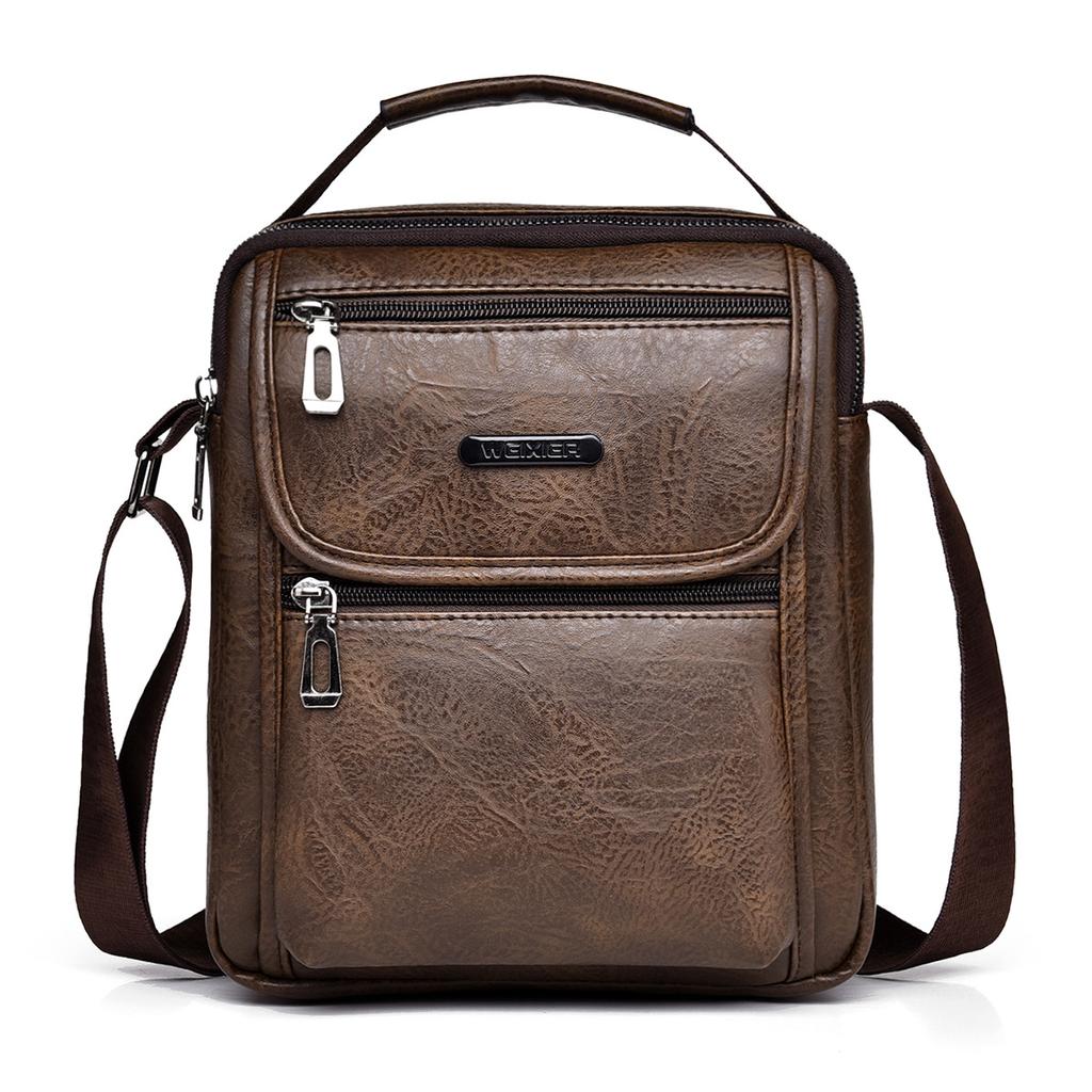 Mens Vintage Fashion Sling Bag Large Capacity Solid Pu Leather Message Bag One Shoulder Bag with Handle