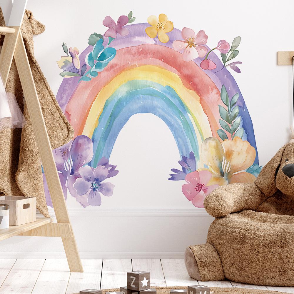Fun-L056 Watercolor Rainbow Flower Leaves Children's Bedroom Home Background Wall Beautification Wall Sticker