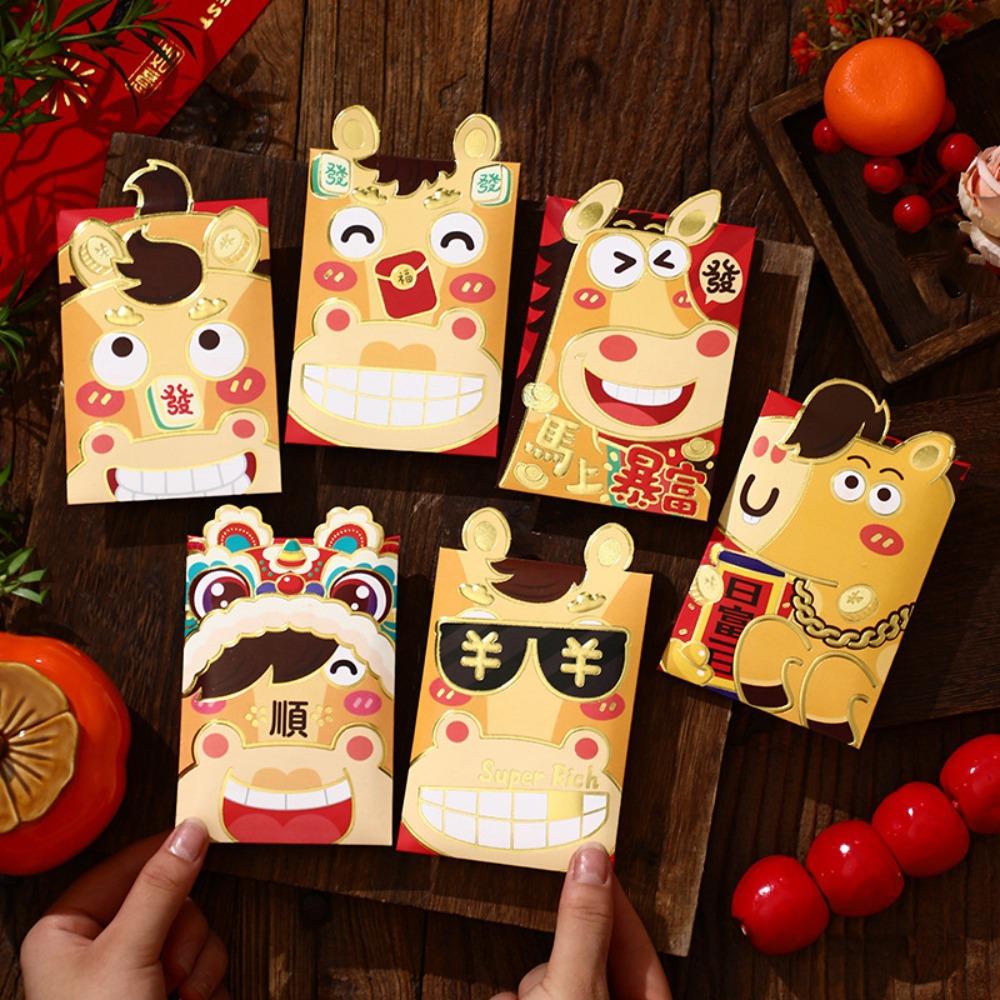 6pcs Red Color Spring Festival Hongbao Cartoon Lucky Money Envelopes Cartoon Red Packets Lunar Year