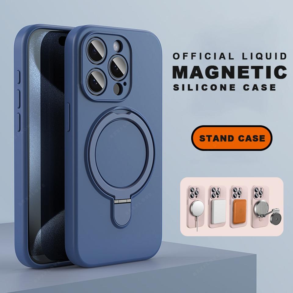 Magnetic Ring Holder Liduid Silicone Stand Phone Case For iPhone 15 14 16 Plus 11 12 13 16 Pro Max Magsafe Protector Soft Cover