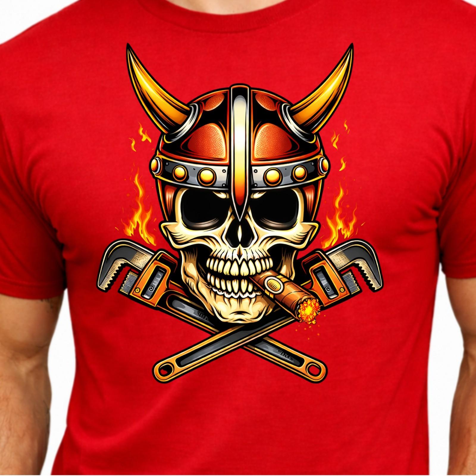 Viking Skull Helmet Horns Crossed Wrenches Cigar Flaming Mechanic Graphic Tee. XL