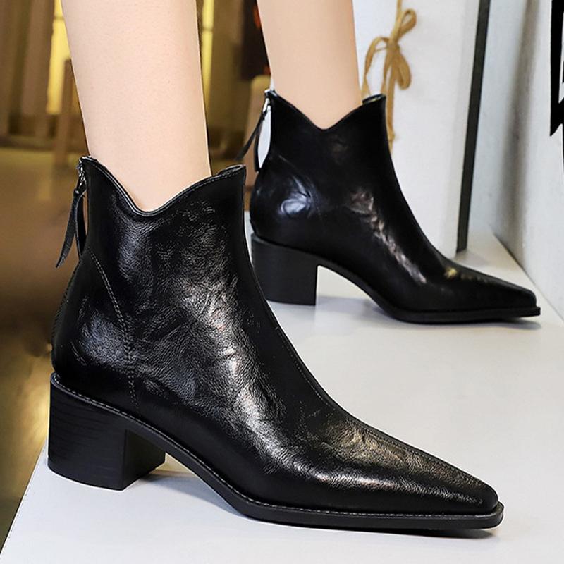 Retro Scratch Pattern Women's Boots, Thick Heel, Pointed Toe Short Boots ,  Slimming Women Ankle Boots Mid Heel Leather Boots
