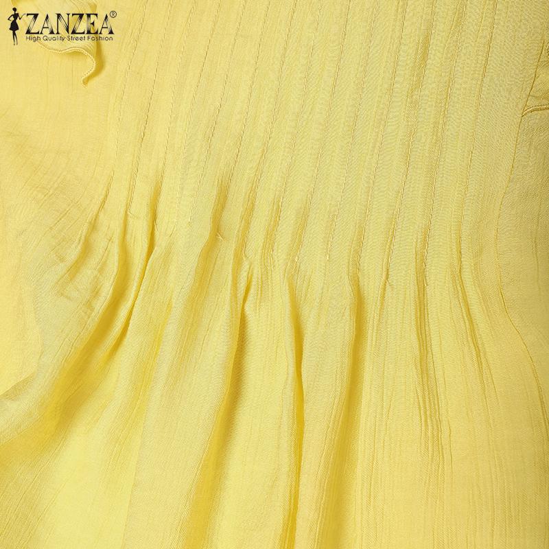 ZANZEA Women Casual Short Sleeve O-neck Ruffled Pleating Elegant Blouse