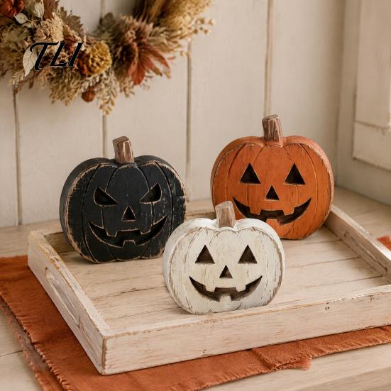 Desktop Grimace Decor 3Pcs Halloween Pumpkin Tabletop Decor, Rustic Face Wooden Block Solid Wood Crafts Ornaments, Farmhouse Craft for Home