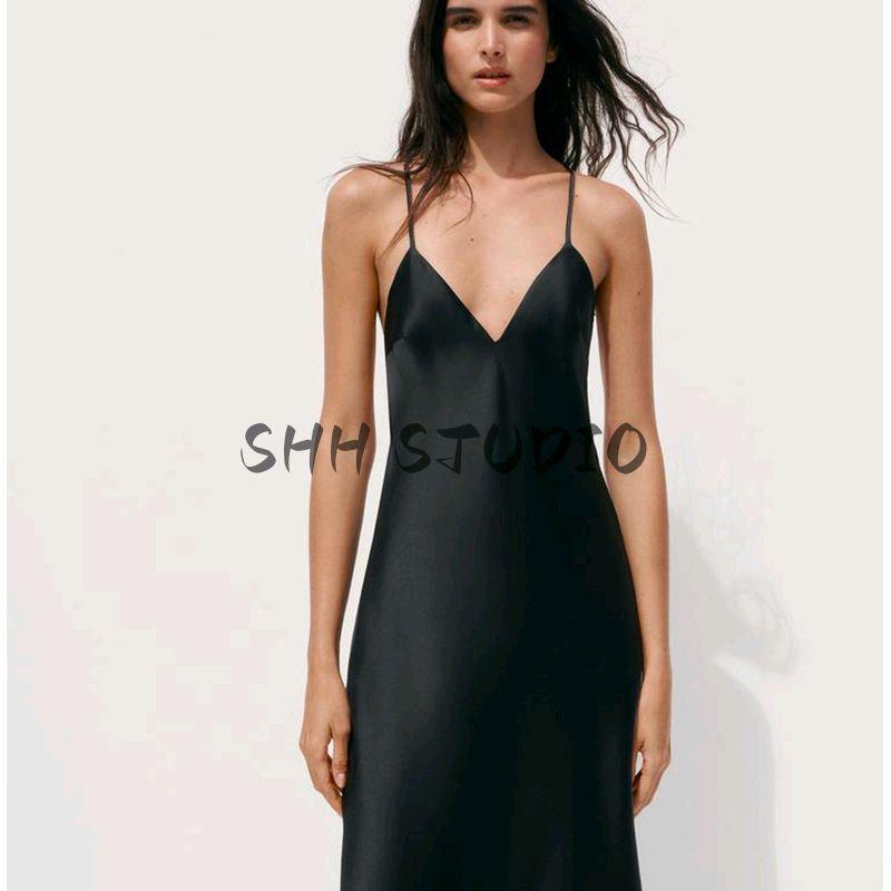 Summer New Product Women's Clothes Minimalist Style V Neck Sleeveless Silk Satin Textured Sling Midi Skirt Dress 8034331