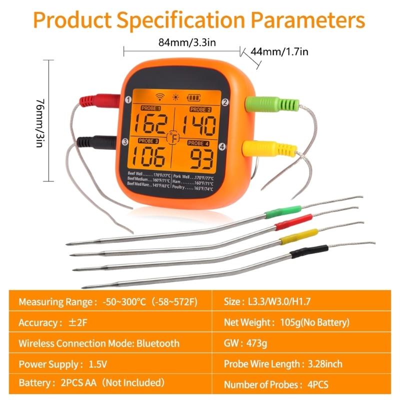 Termometri Wireless Programmabili per Carne con 4 Sonde e Controllo App per BBQ Cucina Indoor Outdoor Monitoraggio in Tempo Reale