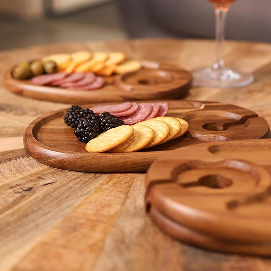 Wood Appetizer Plates Set of 4 Acacia Wood Appetizer Plates Wooden Cocktail Appetizer Plates with Wine Glass Holder Cheese Board