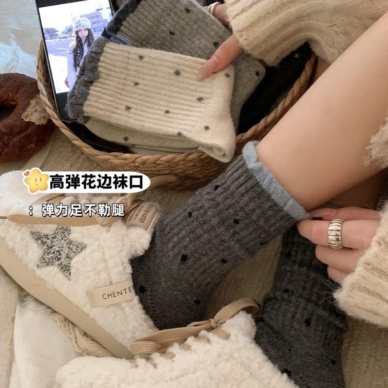 Polka Dot Wool Socks, Mid-Leg Socks, Seasonal Thickened Fleece Warm Gray Birkenstockers, Winter Stockings