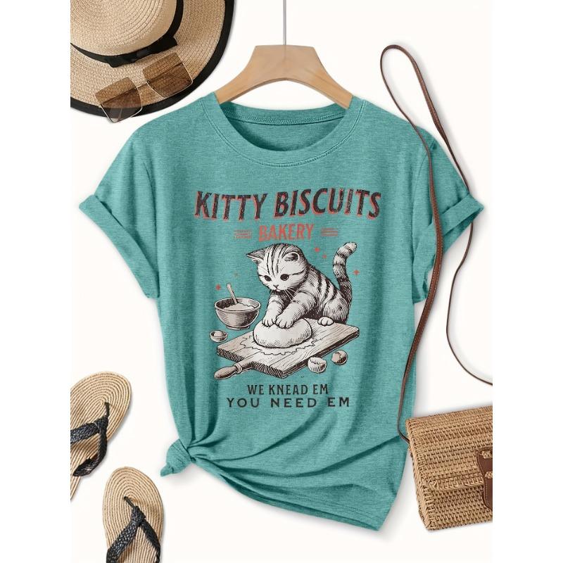 Women's Elegant Short Sleeve Cat Baking Theme Printed Round Neck Women's T-Shirt
